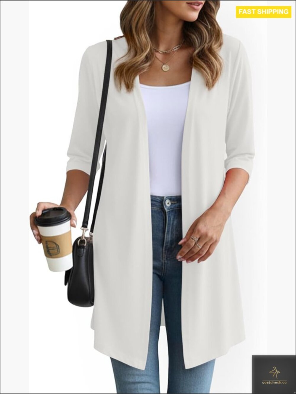 Open Front Long Cardigan 3/4 Sleeve Lightweight Knit Casual Layering